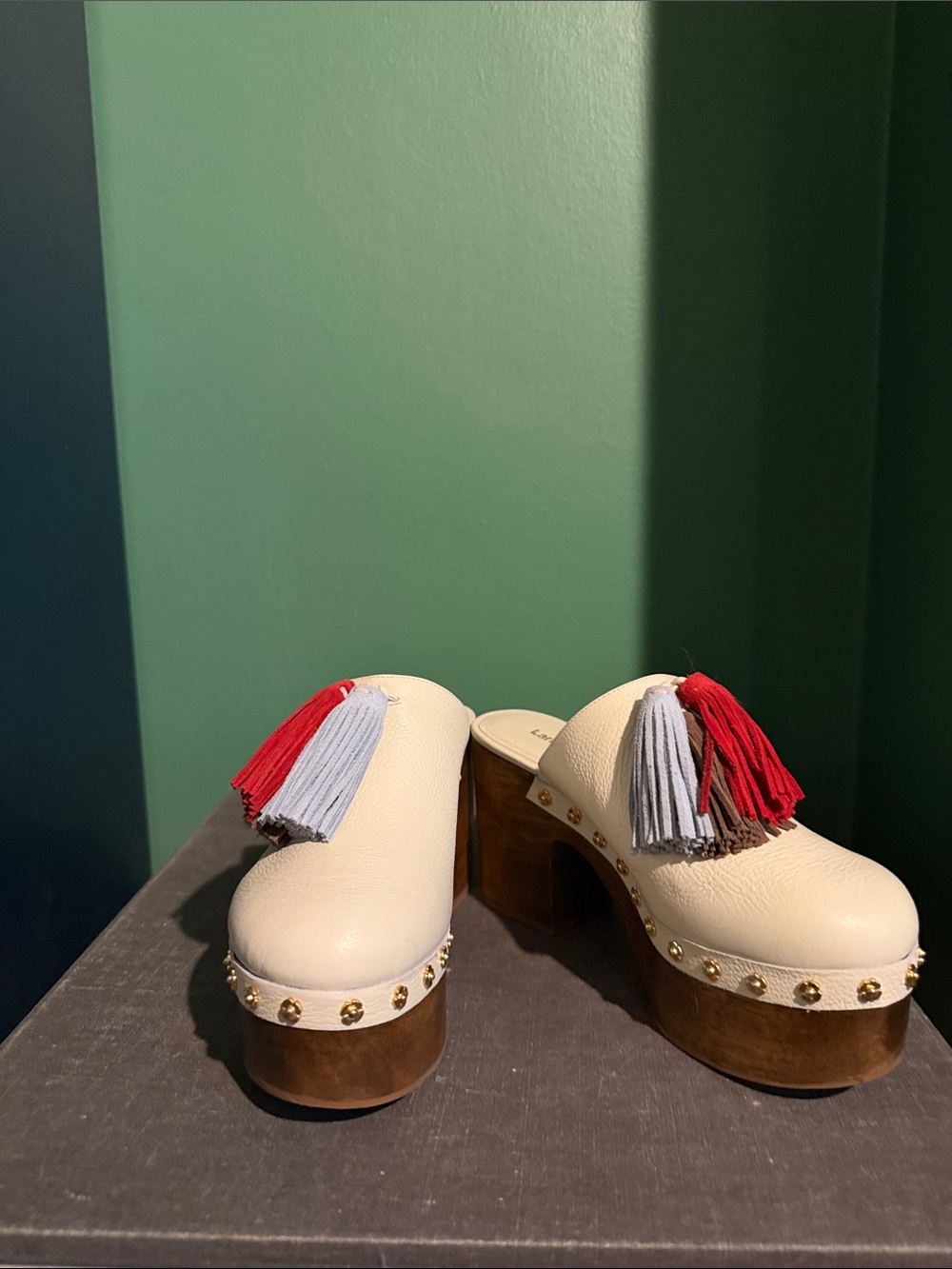 BRAND NEW Larroude Cream Leather Wooden Platform Clog Mules with Tassels